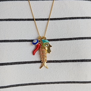Puede incluir: Collar de oro con un dije de pescado, un chile rojo y un dije de ojo azul.