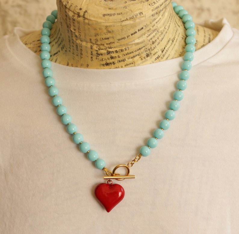 Turquoise Bead Necklace, Red Heart Necklace, Elegant Dainty Choker, Red Heart Pendant Necklace, Trendy Heart, Romantic Heart Necklace image 2