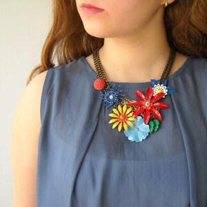 Chunky Statement Necklace, Colorful Bold Bib Necklace, Unique Necklace for her, Flowers Summer Necklace image 1