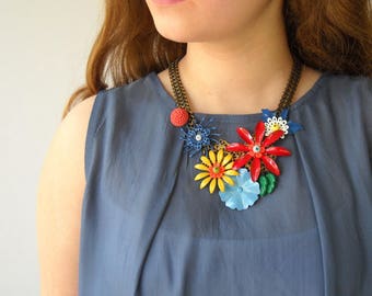 Chunky Statement Necklace, Colorful Bold Bib Necklace, Unique Necklace for her, Flowers Summer Necklace