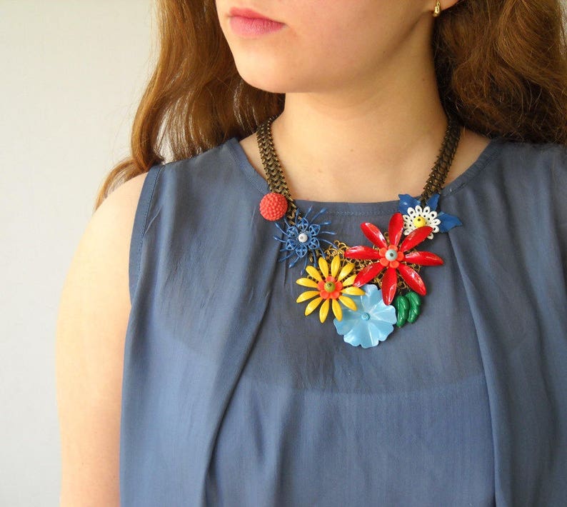 Chunky Statement Necklace, Colorful Bold Bib Necklace, Unique Necklace for her, Flowers Summer Necklace image 1