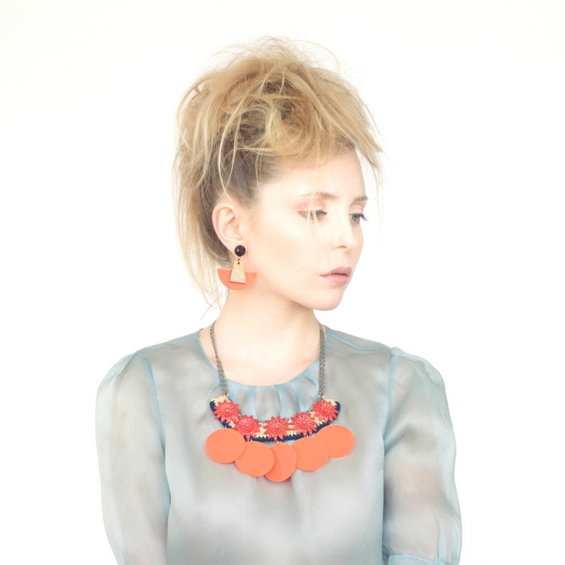 Bold Geometric Earrings Wood and Orange Plastic Fan Earrings Etsy