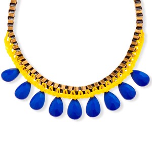 Yellow and blue Statement Necklace metal chain Fashion jewelry, Drop Beads Trendy necklace, Unique necklace for her image 2