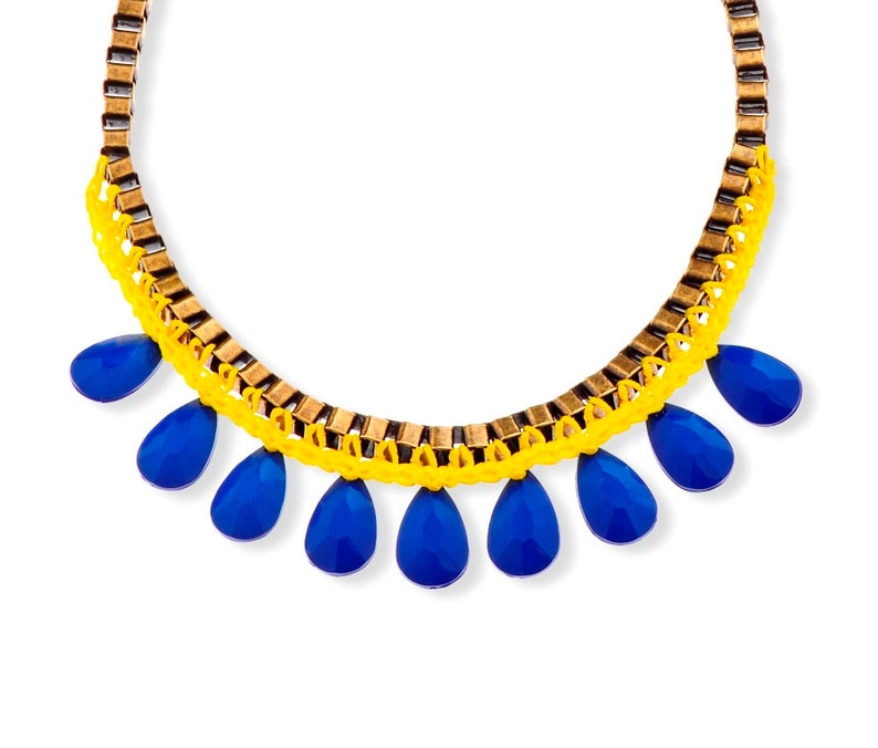 Yellow and blue Statement Necklace metal chain Fashion jewelry, Drop Beads Trendy necklace, Unique necklace for her image 2