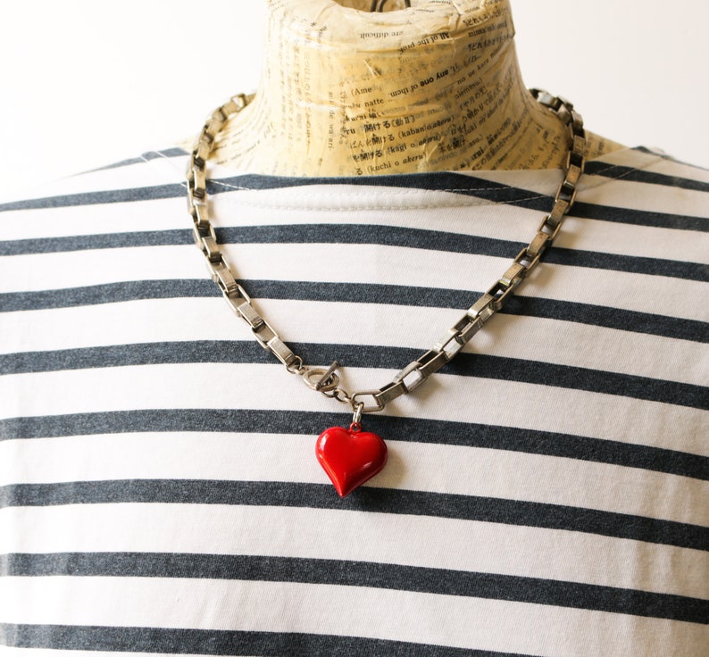 Red Heart Pendant Necklace, Silver Link Chain Necklace, Red Heart Necklace, Front Toggle Necklace, Chunky, Romantic Gift Jewelry for Her image 3