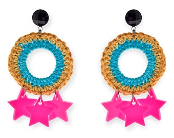 Star Earrings, Pink Earrings, Statement Earrings, Oversize Earrings, Colorful Earrings, Hoop Earrings Turquoise, Crochet Earrings Knitted