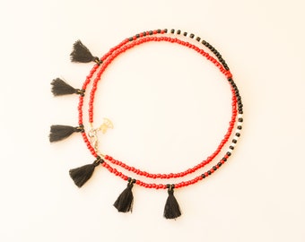 Black Tassel Necklace. Long Beaded Necklace, Colorful Necklace Red, Boho Necklace Hippie, Tassel Necklaces for Women, Long Fringe Necklace