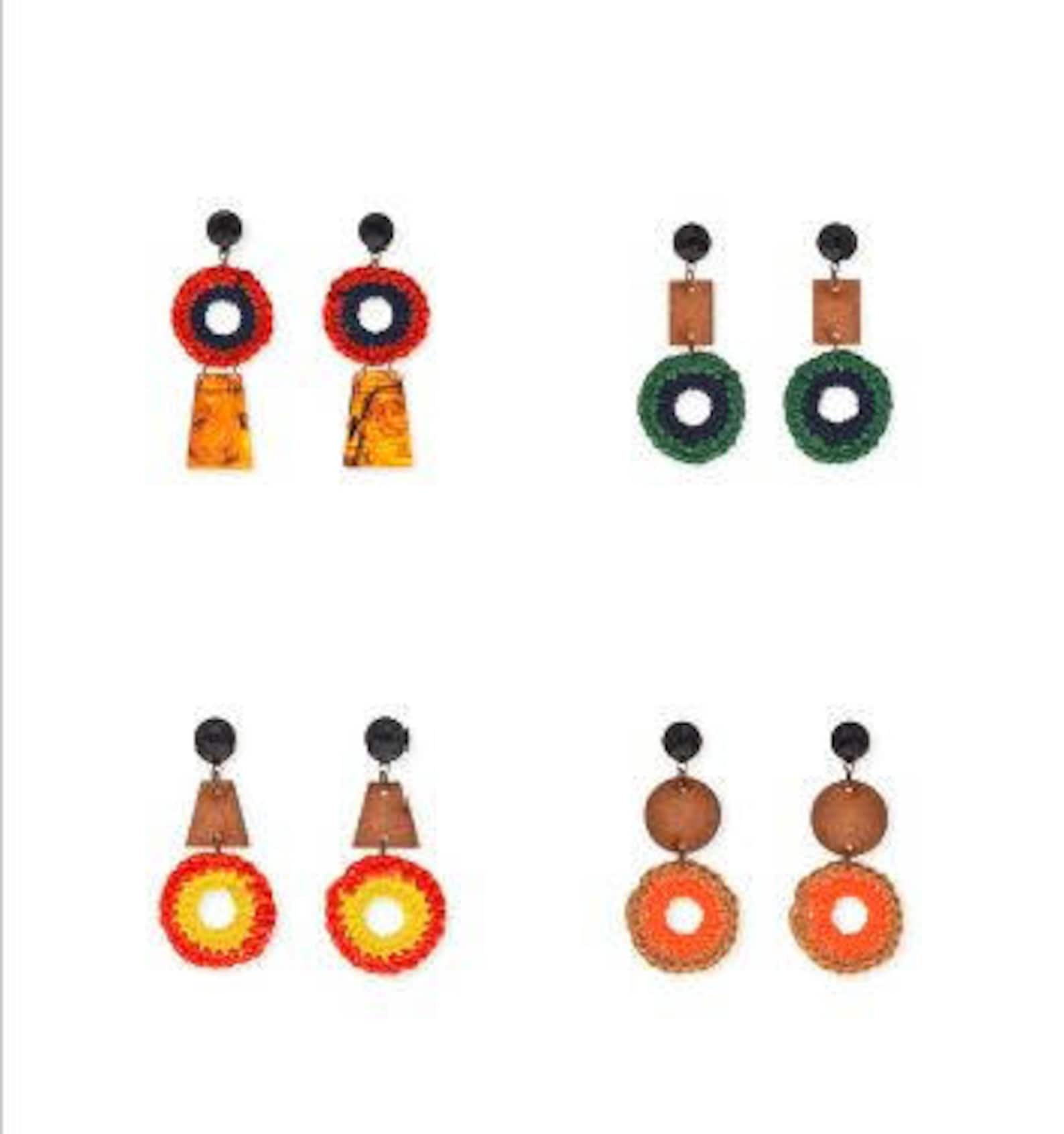 Colorful Satement Earrings, Hippie Earrings, Clip on Boho Earrings, Bold Trendy Wood and Fiber