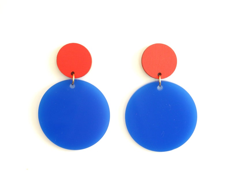 Geometric Earrings Blue, Circle Earrings, Statement Earrings Modern, Drop Earrings Dangle, Colorful Earrings Trendy, Large Earrings Red image 6