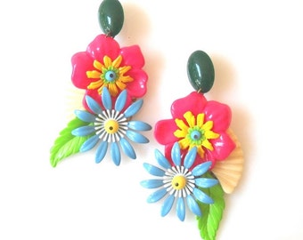 Flower Earrings, Huge Earrings Dangle, Statement Earring Chunky, Bold Earrings Colorful, Drop earrings Long, Unique Earrings Oversize, Party