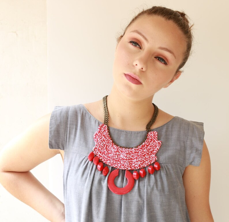 Red statement crochet jewelry Bold Chunky Ethnic Necklace Tribal necklace Oversize necklace Red necklace