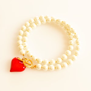 Gargantilha de pérolas elegante, colar de coração vermelho, gargantilha de pérolas elegante e delicada, colar com pingente de coração vermelho, gargantilha de pérolas, colar com pingente de coração vermelho
