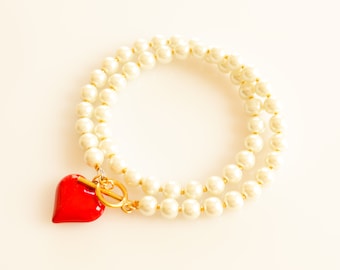 Elegant Pearl Choker, Red Heart Necklace, Elegant Dainty Pearl Choker, Red Heart Pendant Necklace, Pearl Choker Red Heart Pendant Necklace