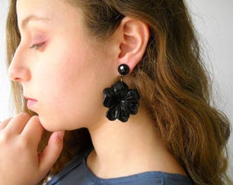 Black Earrings, Oversize Earrings, Statement Earrings, Flower Earrings, Black Rose Earrings, Drop Earrings Dangle, Floral Earrings Large