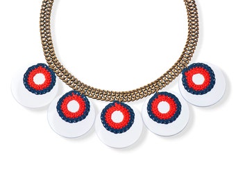 Big Statement Necklace, Geometric Discs Red and Blue Bold Chunky Metal Chain Necklace Crocheted Jewelry