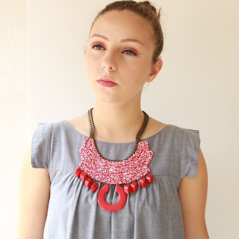 Red statement crochet jewelry Bold Chunky Ethnic Necklace Tribal necklace Oversize necklace Red necklace