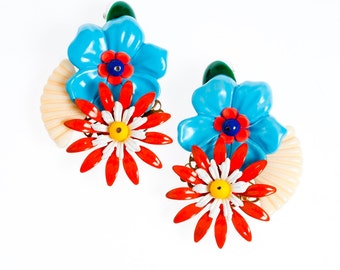 Flower Earrings, Colorful Earrings, Long Earrings Dangle, Large Earrings Chunky, Statement Earrings, Enamel Flower Earrings, Vintage earring