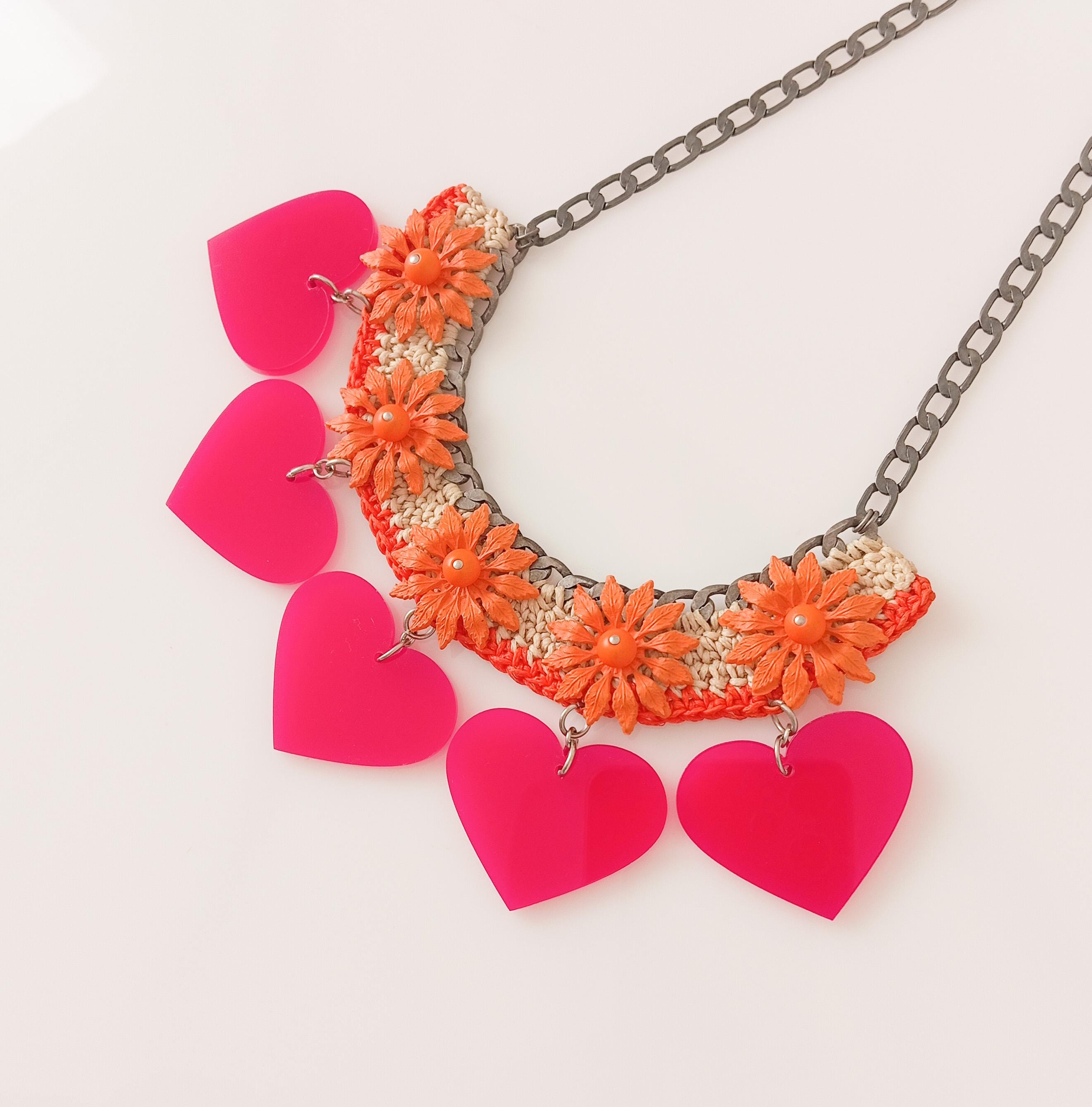 Floral Statement Necklace - Orange, Pink, and Red Pink & Orange Sari Statement Necklace, Silk Ribbon Boho  main image 4
