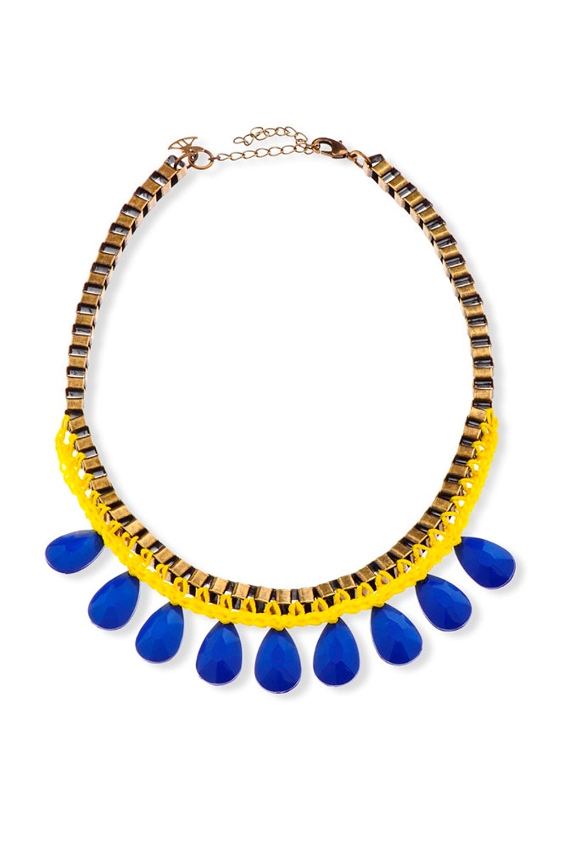 Yellow and blue Statement Necklace metal chain Fashion jewelry, Drop Beads Trendy necklace, Unique necklace for her image 1