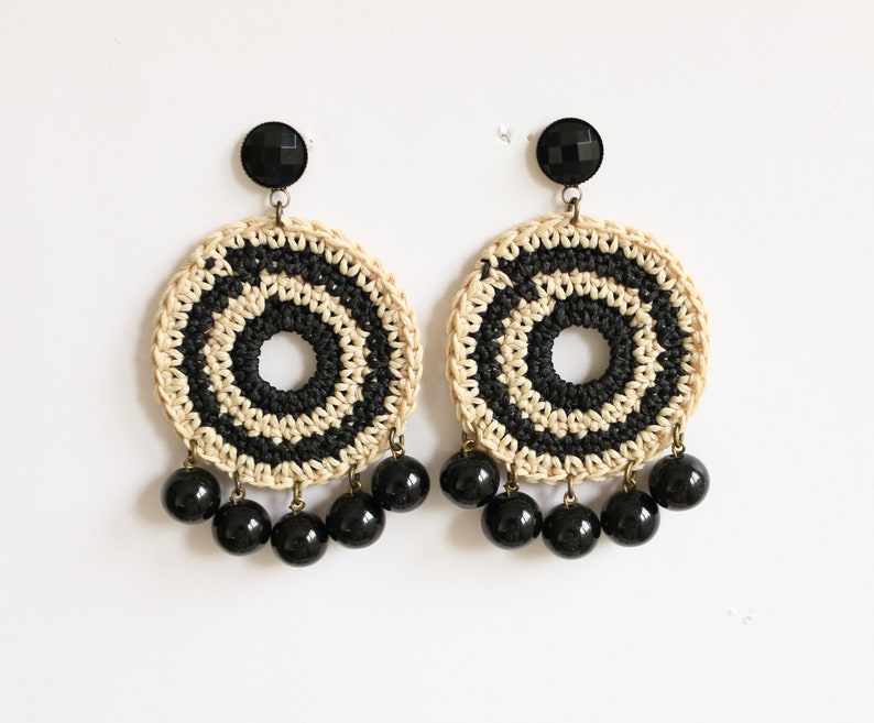 Black earrings, Beaded Earrings, Statement earrings Trendy, Round Earrings, Textile Earrings , Dangle Earrings Drop, Boho Earrings Hippie image 3