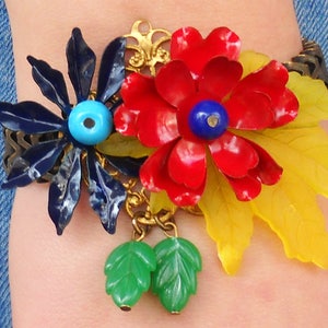 Garden flowers Bracelet, Unique Bracelet for her, Handmade original colorful Metal Bracelet