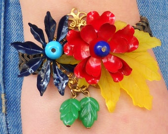 Garden flowers Bracelet, Unique Bracelet for her, Handmade original colorful Metal Bracelet