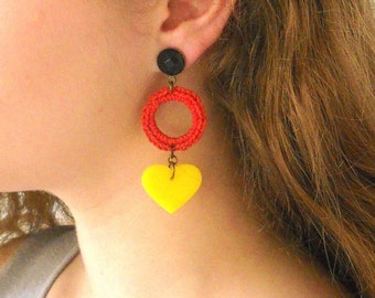 Yellow Heart Earrings, Long Earrings Dangle, Heart Earrings, Crochet Earrings Knitted, Large Earrings Oversized, Colorful Earrings Trendy