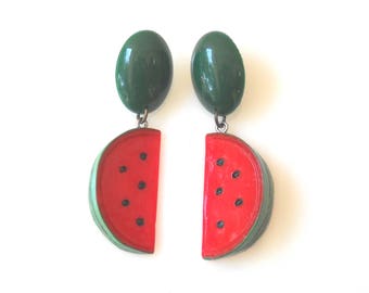 Fruit Earrings, Long Earrings Dangle, Watermelon Earrings Cute, Statement Earrings Red, Fruit  Slice Earrings Retro, Large Earrings Bold