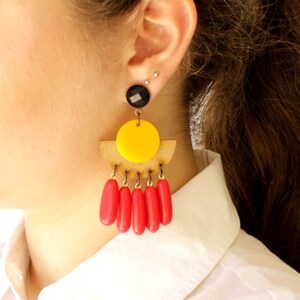 Statement earrings Beaded, Geometric Earrings Yellow, Modern Earrings, Long Earrings Bold, Drop Earrings Trendy, Colorful Earrings Wood
