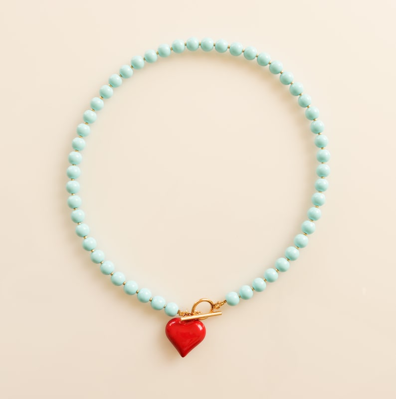 Turquoise Bead Necklace, Red Heart Necklace, Elegant Dainty Choker, Red Heart Pendant Necklace, Trendy Heart, Romantic Heart Necklace image 3