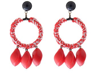 Red earrings , statement earrings, Textile and Bead hoop Earrings , Trendy lightweight and soft , Jewelry for her , free shipping