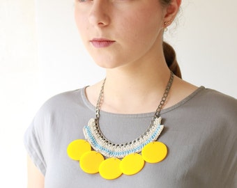 Circle Necklace, Statement Necklace Yellow, Large disc necklace, Oversize Necklace Chunky, Crochet Jewelry, Unique necklace for Women