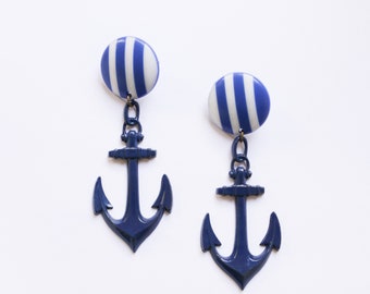 Anchor Earrings Blue, Nautical Earrings Statement, Blue Stripes Earrings, Retro Earrings, Large Earrings Oversize. Long Earrings Dangle