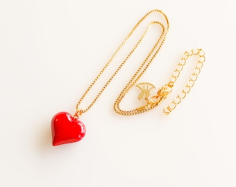Gold Chain Heart Necklace, Red Heart Charm necklace, Valentine's Day Gift for Her, Romantic Jewelry, Red Heart Necklace, Cute Heart Necklace