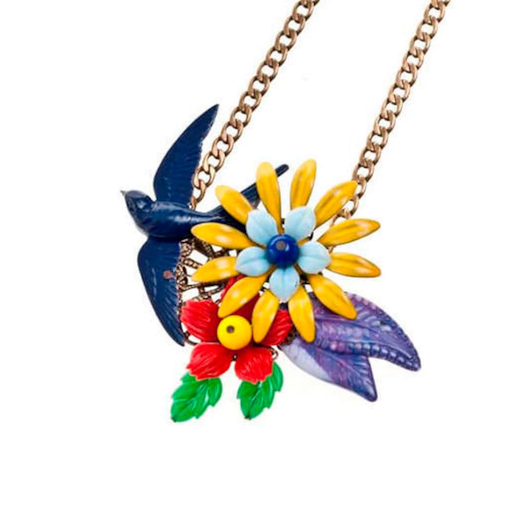 Flower Necklace, Colorful Necklace Blue, Statement Necklace, Bird Necklace, Garden Necklace