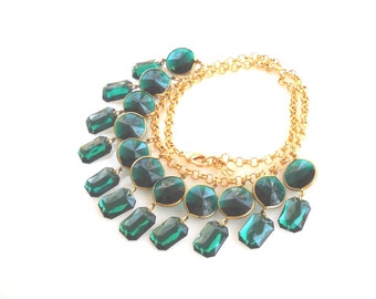 Collier lustre en cristal vert, collier tendance vert émeraude bicolore, bijoux de style vintage