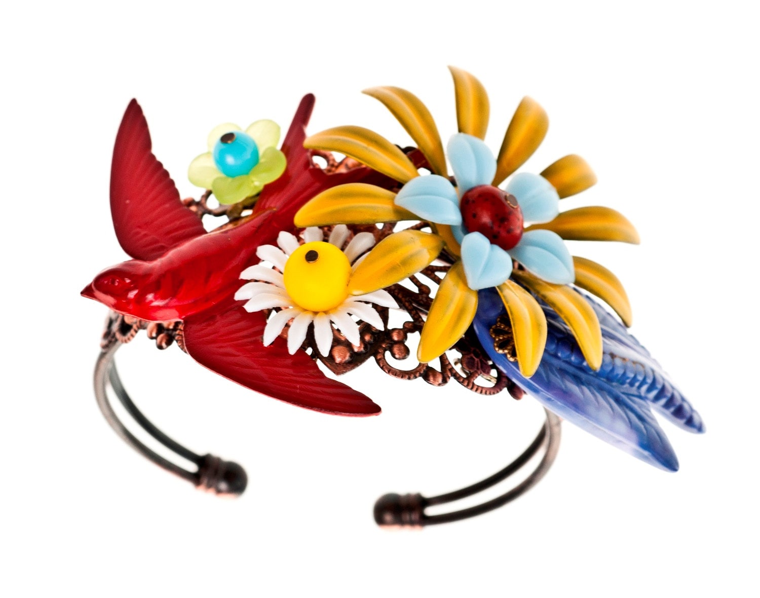 ✿α 様✳️vintage調 Collage Cuff bracelet 鍵 Vintage Collage Bracelet, Enamel Flowers and Bird Cuff, Unique