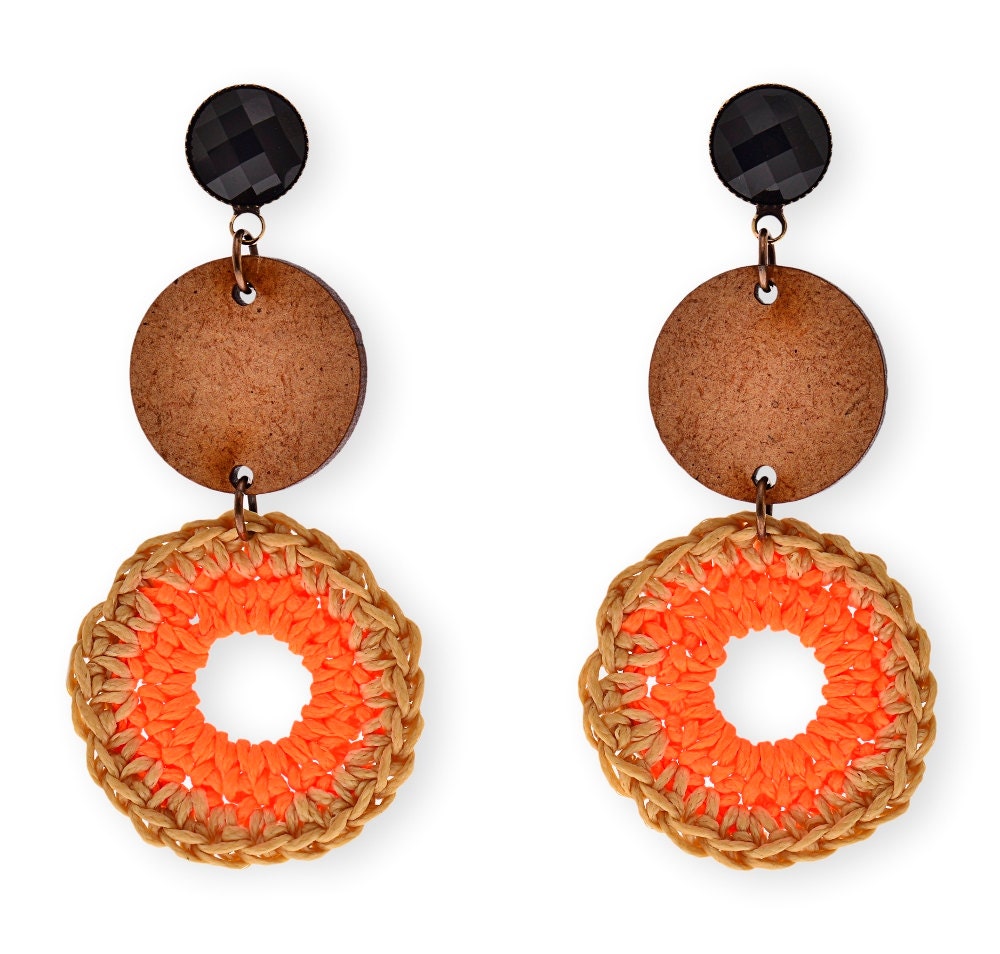 Long Earrings Orange crochet hoop and wood Hippie earrings | Etsy