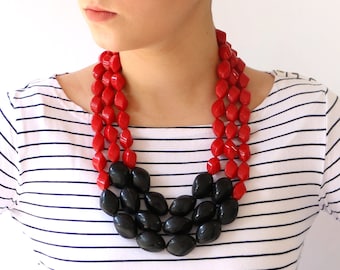 Red multi strand necklace, Bold statement Necklace, Handmade Beaded necklace, Layered Neckalce, unique women's jewelry