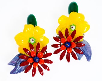 Flower Earrings, Chunky Earrings, Oversize Earrings Yellow, Party Earrings, Colorful Earrings, Statement Earrings, Unique Earrings for Women