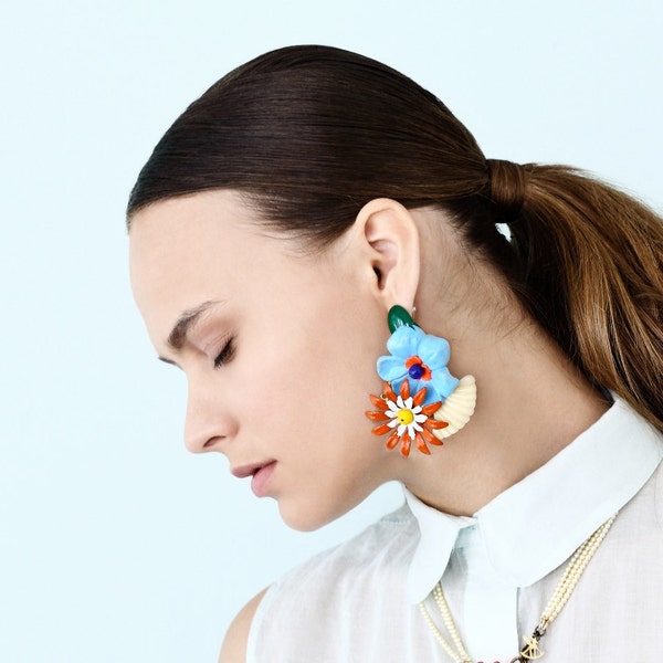 Flower Earrings Colorful, Huge Earrings Oversize, Statement Earrings Chunky, Party Earrings, Big Earrings Bold, Unique Earrings, Ennamel