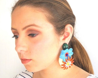 Flower Earrings, Huge Earrings Oversize, Party Earrings, Statement Earrings, Colorful Earrings Bold, Enamel Earrings Vintage, Chunky Earring