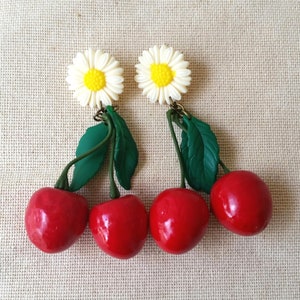 Cherry Dangle Earrings, Daisy Flower Drop Earrings, Flower Stud Earrings