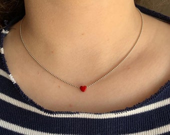 Tiny Heart Necklace, Delicate Heart Necklace, Valentines Day Gift for Her, Dainty Heart Necklace, Romantic Jewelry, Love necklace, Red Heart