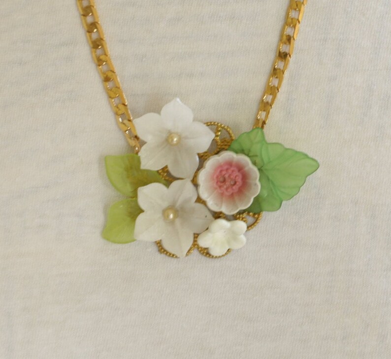 Pink Flower Necklace, Garden Necklace, Colorful Statement Necklace, Unique Necklace for