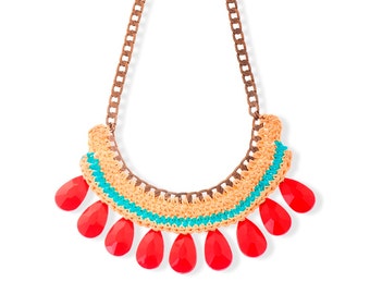 Red Acrylic Bead Crochet Bib Necklace, Bohemian Woven Jewelry