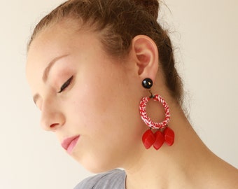 Red Earrings, Statement Earrings, Beaded Earrings, Crochet Earrings Fabric, Drop Earrings Dangle, Boho Earrings Hippie, Hoop Earring Large