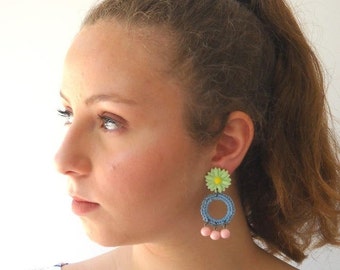 Flower Earrings, Pink Earrings Pastel, Statement Earrings Bold, Sunflower Earrings Dangle, Boho Earrings Hippie, Colorful Earrings Beaded