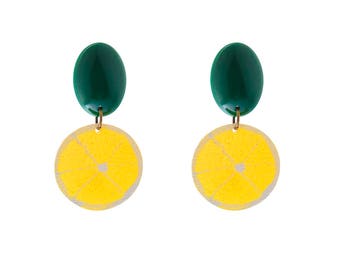 Lemon earrings, Fruit Earrings, Statement Earrings Yellow, Tropical Fruit jewelry, Trendy summer Accessories, Drop Earrings, Whimsical