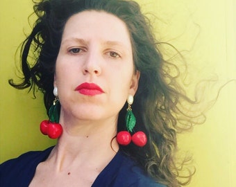Cherry Earrings, Statement Earrings Red, Cluster Earrings, Red Cherry Earrings, Fruit Earrings, Dangle Earrings Drop, Bold Earrings Trendy